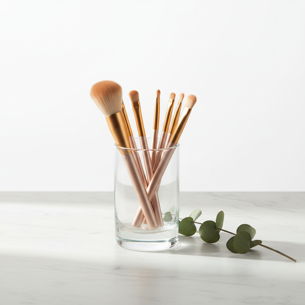 Champagne makeup brush set on white marble with eucalyptus