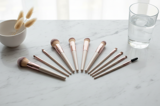 Clean girl aesthetic lifestyle flat lay with champagne 14-piece makeup brush set on marble